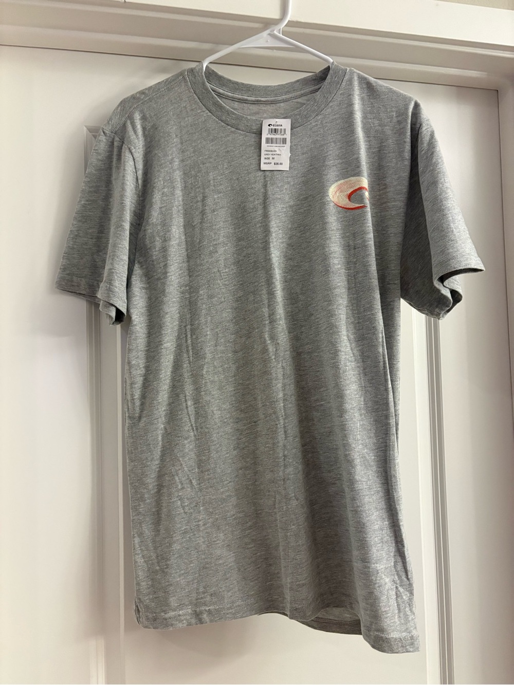 Costa Heather Gray Short Sleeve Tee with Small Chest Wave Logo and Fish Graphic